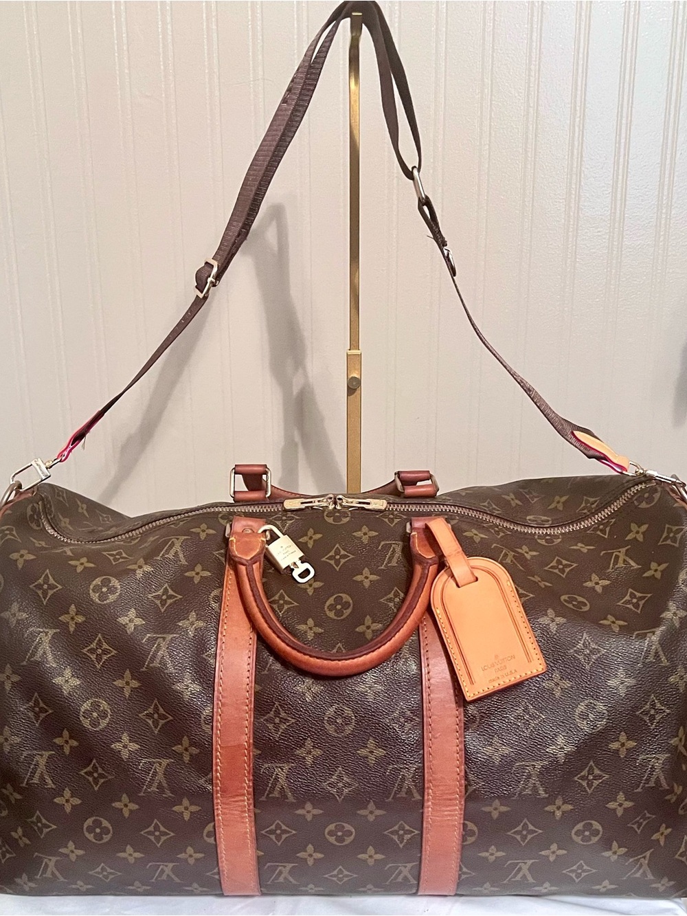Louis Vuitton Keepall 50 Bandolier Monogram Duffel Bag with Tan Vachetta Leather